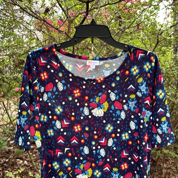 LuLaRoe Floral Blue SS Midi Dress Geometric Designs Triangles Circles Flowers XL - Picture 3 of 12